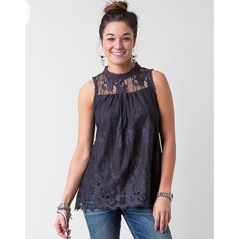 NWT Altar'd State Lace Sleeveless High Neck Gray Tunic Blouse Romantic Boho - M